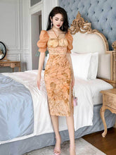 Sheer Puff Sleeves Laced Slim Fit Dress S / Chocolate